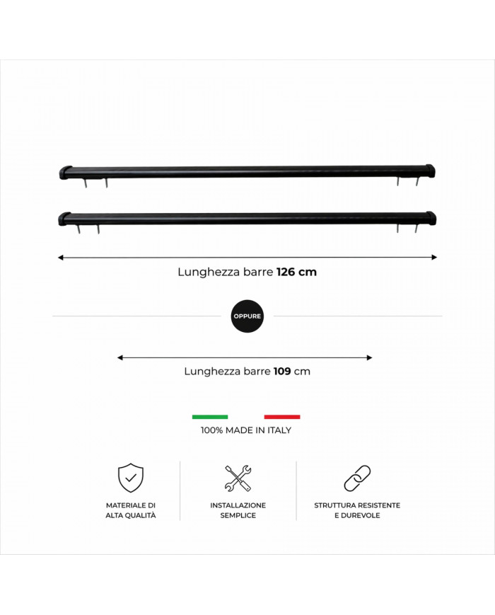 Barre portatutto Universali per vetture con rails staccati dal tetto (Lunghezza barre 109 o 126 cm)